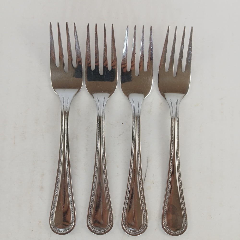 4-Gibson 18/0 Stainless Flatware BEADED Salad Forks 6 3/8" Glossy Silverware